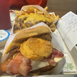 BBQ Bacon cheese burger. Double stacked and crinkle fries BBQ Bacon cheese burger. Double stacked and crinkle fries