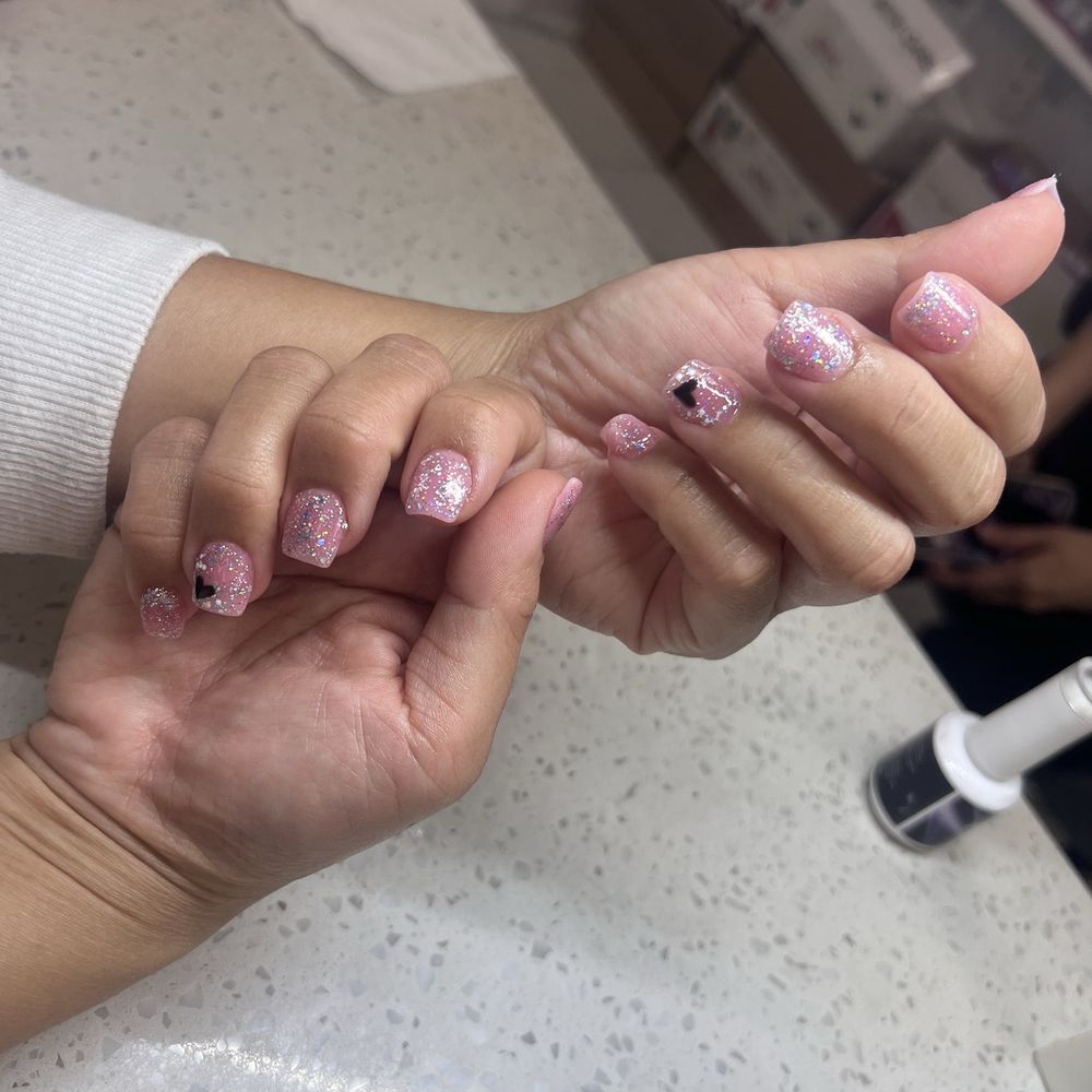 Lisa's Nail & Spa - Pink acrylic with silver glitter gel overlay. - Nail Salons Near Me - Fresno, California Lisa's Nail & Spa - Pink acrylic with silver glitter gel overlay. - Nail Salons Near Me - Fresno, California