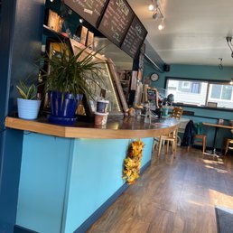 a blue counter with a menu on it