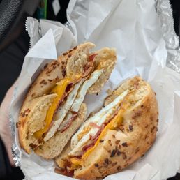Bacon Egg Cheese on an onion bagel. Bacon Egg Cheese on an onion bagel.