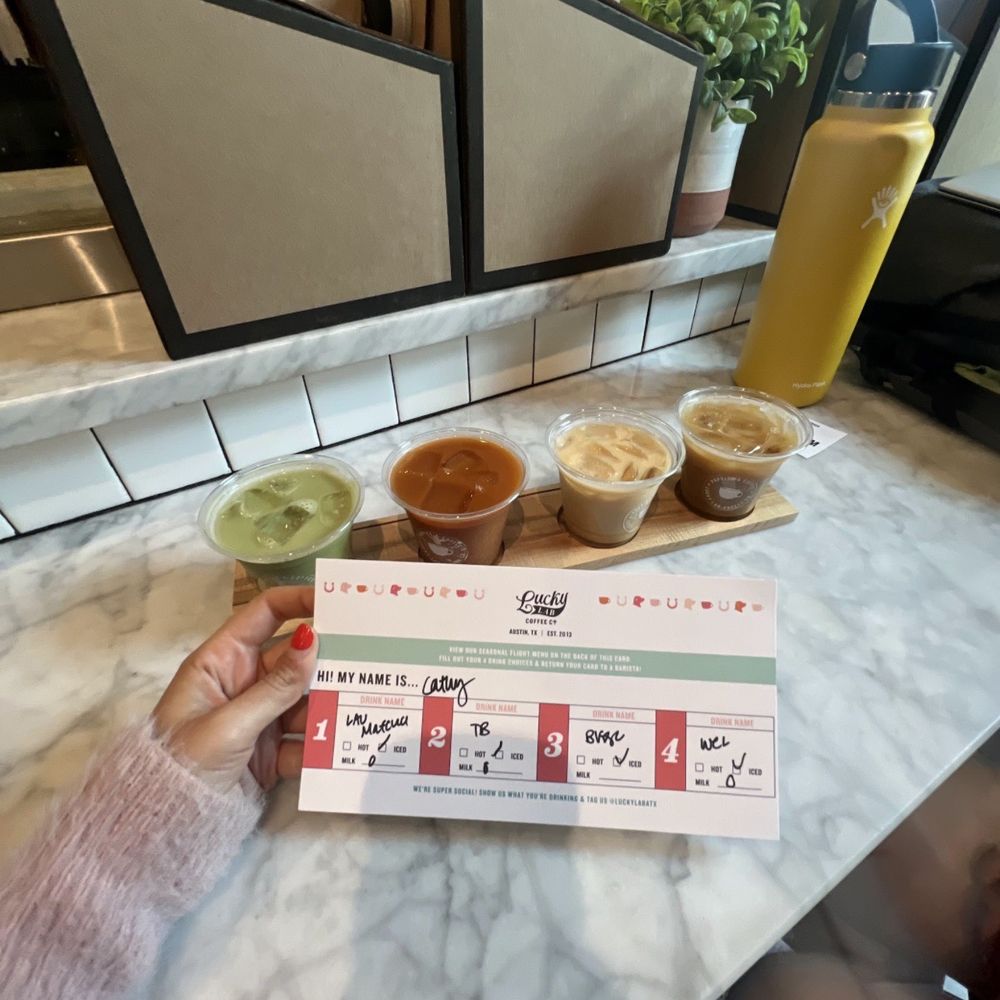 Lucky Lab Coffee - Flight of specialty drinks. Matcha, Tai tea, latte, and iced coffee - Desserts Near Me - Austin, Texas Lucky Lab Coffee - Flight of specialty drinks. Matcha, Tai tea, latte, and iced coffee - Desserts Near Me - Austin, Texas