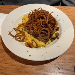 Goodwood Barbecue Company - Mac & Cheese, brisket and fried onions