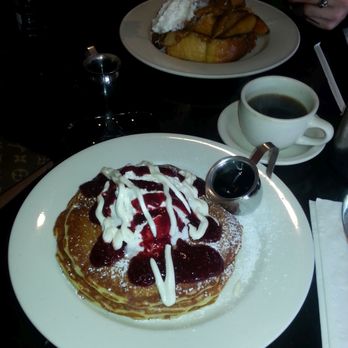Bea Bea's - Buttermilk pancakes with raspberry compote and cream cheese sauce, and French press coffee - Coffee & Tea Near Me - Burbank, California