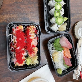 Kinja Sushi - Firefighter Special Roll (left) Jalapeno Hamachi Roll (top) Sashimi Sampler (bottom right) - Sushi Bars Near Me - Concord, California