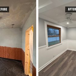 We transformed this room from a dated, partially renovated space into a bright, modern room with smooth ceilings, fresh paint & updated trim