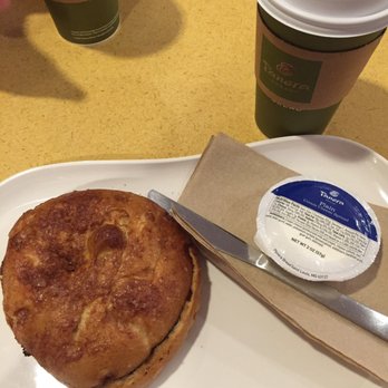 Panera Bread - Cinnamon crunch bagel with plain cream cheese and coffee - Sandwiches Near Me - Jacksonville, Florida Panera Bread - Cinnamon crunch bagel with plain cream cheese and coffee - Sandwiches Near Me - Jacksonville, Florida
