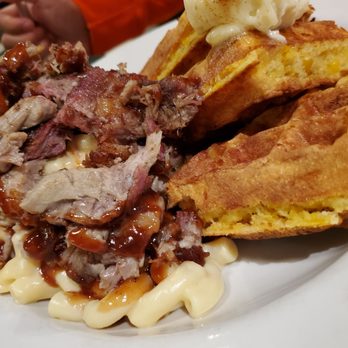 Metro Diner - Pulled pork mac & cheese with cornbread waffle - American Near Me - Chesapeake, Virginia Metro Diner - Pulled pork mac & cheese with cornbread waffle - American Near Me - Chesapeake, Virginia