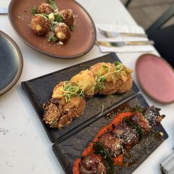 The Montford Rooftop Bar - Crab Fritter balls, Fried Green Tomatoes, Bacon wrapped Chorizo Stuffed Dates