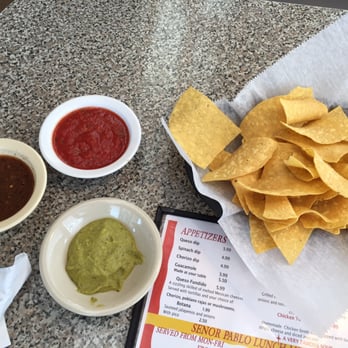 Senor Pablo - Chips delivered with 3 types of salsa. All are quite flavorful. The green sauce is H.O.T.!!! - Mexican Near Me - Sapulpa, Oklahoma