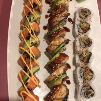 New Dumpling & Sushi House - L to R: Wild Alaska roll, fancy eel roll, eel cucumber roll. - Chinese Near Me - Pittsburgh, Pennsylvania New Dumpling & Sushi House - L to R: Wild Alaska roll, fancy eel roll, eel cucumber roll. - Chinese Near Me - Pittsburgh, Pennsylvania