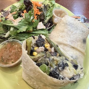 Lovin Spoonfuls Vegan Restaurant - Black bean, corn, and veggies burrito with vegan sour creme and salsa. - Vegan Near Me - Tucson, Arizona