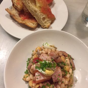 Bar del Pla - Salmon with chickpeas and pan con tomate - Tapas Bars Near Me - Barcelona, B Bar del Pla - Salmon with chickpeas and pan con tomate - Tapas Bars Near Me - Barcelona, B