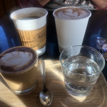 Ceremony Coffee Roasters - Riva - From Top left Americano, Hot Chocolate with Oatmilk, Gingerbread Cookie and the Cortado in front. - Coffee Roasteries Near Me - Annapolis, Maryland