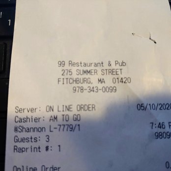 99 Restaurants - The time my order was processed, yet it was not received by my husband until almost 9pm - American Near Me - Fitchburg, Massachusetts 99 Restaurants - The time my order was processed, yet it was not received by my husband until almost 9pm - American Near Me - Fitchburg, Massachusetts