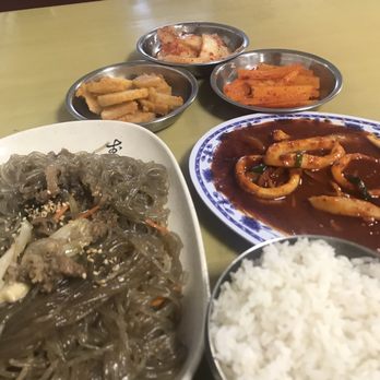 Korean Mart - Jabchae, Spicy Squid & sides (complimentary when dining in) ... so yummy!! - Korean Near Me - Fresno, California Korean Mart - Jabchae, Spicy Squid & sides (complimentary when dining in) ... so yummy!! - Korean Near Me - Fresno, California