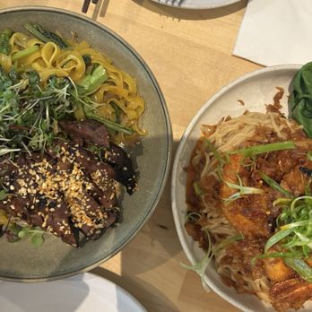 Ba Sa - Left: Short rib with tumeric noodles  Right: chili oil shrimp noodle - Vietnamese Near Me - Bainbridge Island, Washington