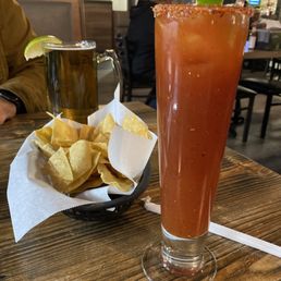 Bloody Mary, freshly fried tortilla chips, Dos Equis Bloody Mary, freshly fried tortilla chips, Dos Equis