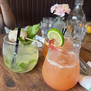 Nourish - Left: lychee soda (virgin) right: Guava Sake (alcohol) - Thai Near Me - Brooklyn, New York Nourish - Left: lychee soda (virgin) right: Guava Sake (alcohol) - Thai Near Me - Brooklyn, New York