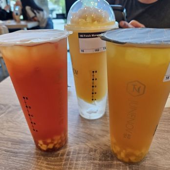 Junenov Tea - L to R: strawberry mango green tea, mango crystal, and mango green tea - Bubble Tea Near Me - Pleasant Hill, California Junenov Tea - L to R: strawberry mango green tea, mango crystal, and mango green tea - Bubble Tea Near Me - Pleasant Hill, California