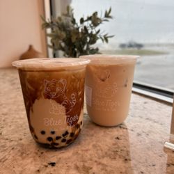 Blue Tiger - Boba Tea & Eats - Brown sugar boba (left) regular milk tea (right)