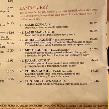 Punjab Restaurant - Interesting caption under the Lamb Curry choices!!! - Indian Near Me - London, XGL