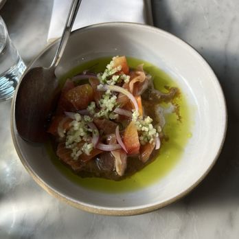 Vendemmia - King Salmon Crudo: heirloom tomato, cherry bomb, red onion, cucumber, cilantro - New American Near Me - Seattle, Washington Vendemmia - King Salmon Crudo: heirloom tomato, cherry bomb, red onion, cucumber, cilantro - New American Near Me - Seattle, Washington