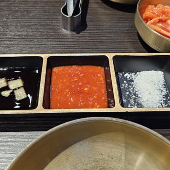 88Q Korean BBQ - Dipping Sauces. Adding sesame oil to the salt is how I like it. - Korean Near Me - Rowland Heights, California 88Q Korean BBQ - Dipping Sauces. Adding sesame oil to the salt is how I like it. - Korean Near Me - Rowland Heights, California