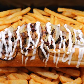 B'Shake Burger - Juicy beef hot dog on a soft bun with grilled mushrooms, caramelized onions, and rich B'Shake truffle aioli, served with crispy fries. - Burgers Near Me - Vancouver, British Columbia