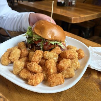 Kickapoo Tavern - Schoolmarm Burger with Tater Tots - American Near Me - Keystone, Colorado Kickapoo Tavern - Schoolmarm Burger with Tater Tots - American Near Me - Keystone, Colorado