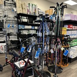 Display of canes, walkers, and rollators. Bariatric and standard sizes are available.