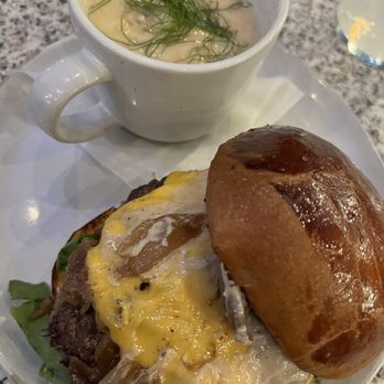 Revelry - Jammin' Bacon burger with salmon chowder - Wine Bars Near Me - Bozeman, Montana