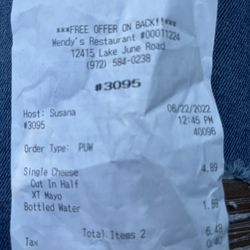 Wendy's - Receipt that shows Wendy's will cut your sandwich in half
