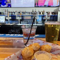 Waldo's Chicken & Beer - Cheddar biscuits and honey butter and the house Outlaw Beer. Slightly sweet, hoppy, good!