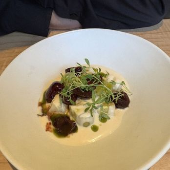 Firstborn - Chilled leeks, white asparagus, soy-almond vinaigrette, cherries, lovage - Chinese Near Me - Los Angeles, California Firstborn - Chilled leeks, white asparagus, soy-almond vinaigrette, cherries, lovage - Chinese Near Me - Los Angeles, California