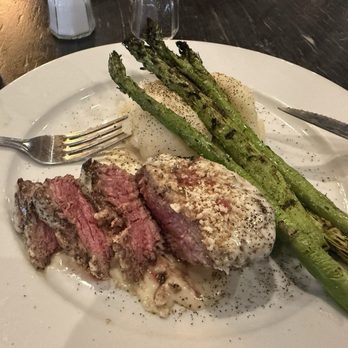 Stone Creek Dining - Horseradish crusted sirloin with mashed potatoes and asparagus. Ask for an extra side of gravy. - Steakhouses Near Me - Plainfield, Indiana