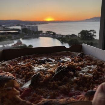 Centro Pizza - Margherita with sausage added, watching the sunset. - Pizza Near Me - Burlingame, California