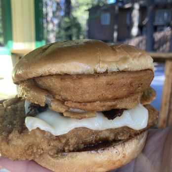 Giant Burger - Western chicken deluxe burger with Swiss cheese onion rings and yes it's ginormous - Burgers Near Me - Arnold, California Giant Burger - Western chicken deluxe burger with Swiss cheese onion rings and yes it's ginormous - Burgers Near Me - Arnold, California