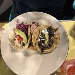 Taco baja de pescado, taco de setas and taco de cecina