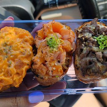 Yubu - From right to left: bulgogi, torched salmon, spicy salmon, and kimchi fried rice with egg - Korean Near Me - Scarborough, Ontario Yubu - From right to left: bulgogi, torched salmon, spicy salmon, and kimchi fried rice with egg - Korean Near Me - Scarborough, Ontario