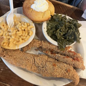 Lo-Lo's Chicken & Waffles - Perfectly fried catfish , cheesy mac&cheese Collard greens, o yes that delicious cornbread with  Corn inside. - Southern Near Me - Grapevine, Texas
