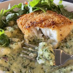 First bite of my pistachio crusted halibut.