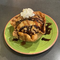 Mexico Lindo - Deep fried ice cream in a deep fried tortilla bowl drizzled with chocolate and caramel. This is enough for 4 people.