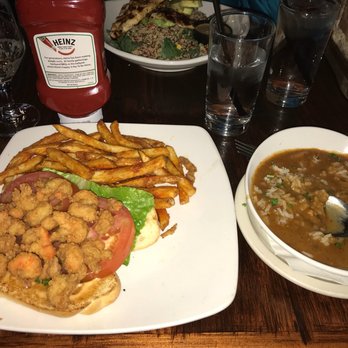 Roux On Canton - Shrimp Po' Boy with fries and bowl of gumbo - Southern Near Me - Roswell, Georgia
