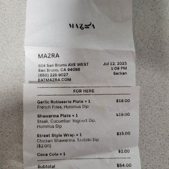 Mazra - check please..order first - Middle Eastern Near Me - San Bruno, California