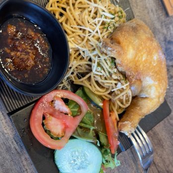 Waterfall Chicken - Waterfall Chicken with Garlic Noodles, and spring salad + tomatoes/cucumber - Vietnamese Near Me - Huntington Beach, California Waterfall Chicken - Waterfall Chicken with Garlic Noodles, and spring salad + tomatoes/cucumber - Vietnamese Near Me - Huntington Beach, California