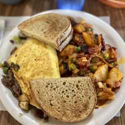 Moyers Country Kitchen - Cheesesteak Omelette with Rye toast and Loaded Home Fries