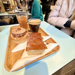 Charli - Americano, cinnamon roll, strawberry and apple juice, and a bread (not sure exactly, it just looked good)