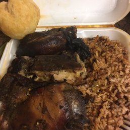 Jerk Chicken with rice & peas and a Fried Dumpling