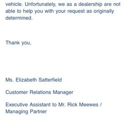 Final letter from dealership turning their back on the customer over a problem that BMW of Springfield caused. Final letter from dealership turning their back on the customer over a problem that BMW of Springfield caused.
