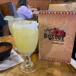 Pepe's Bosque Mexican Grill - Hey Caribbean, margarita with coconut around the rim and a house. Margarita in the background.